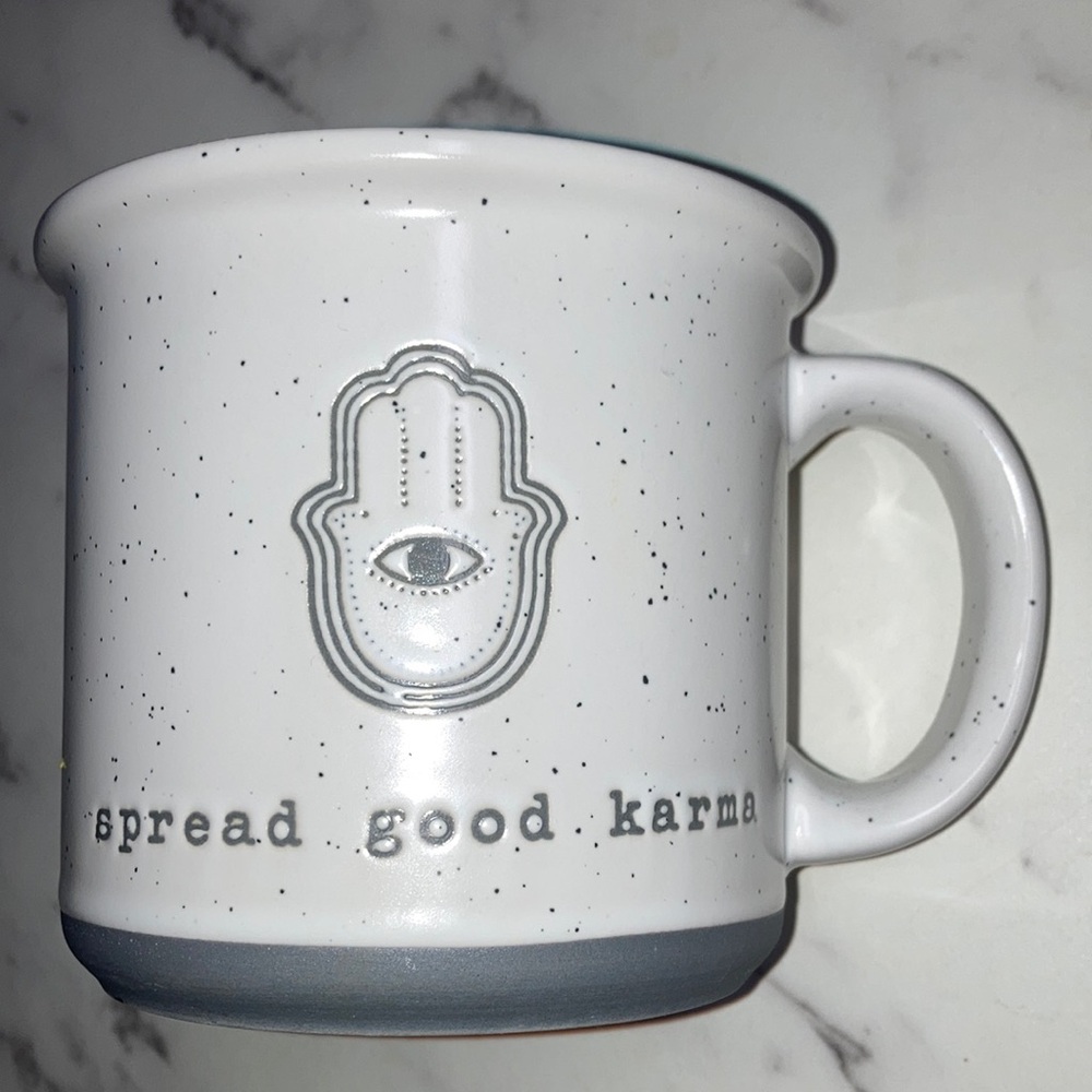 Spread Good Karma White Speckled Ceramic Mug